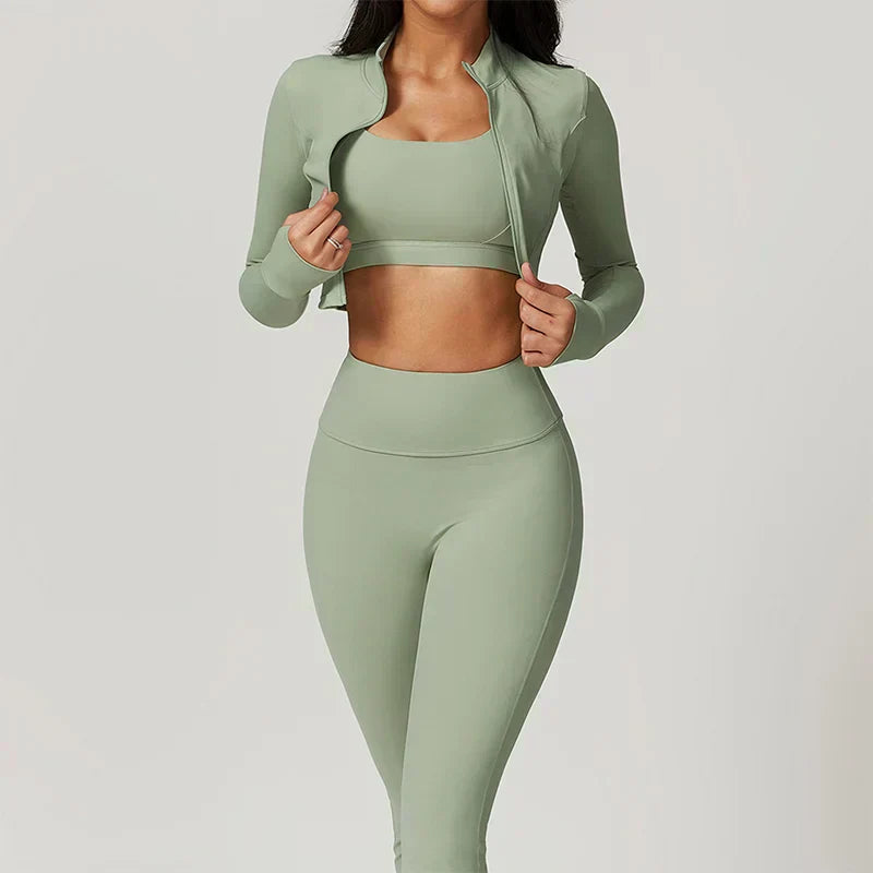 Athlisse – 3-teiliges Damen-Sportset mit Cropped Jacke, BH &amp; High-Waist Leggings