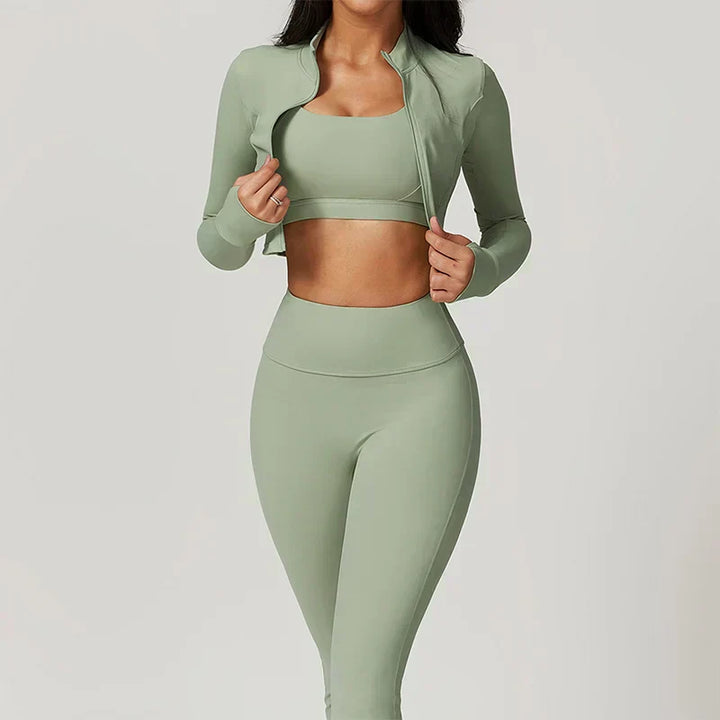 Athlisse – 3-teiliges Damen-Sportset mit Cropped Jacke, BH &amp; High-Waist Leggings