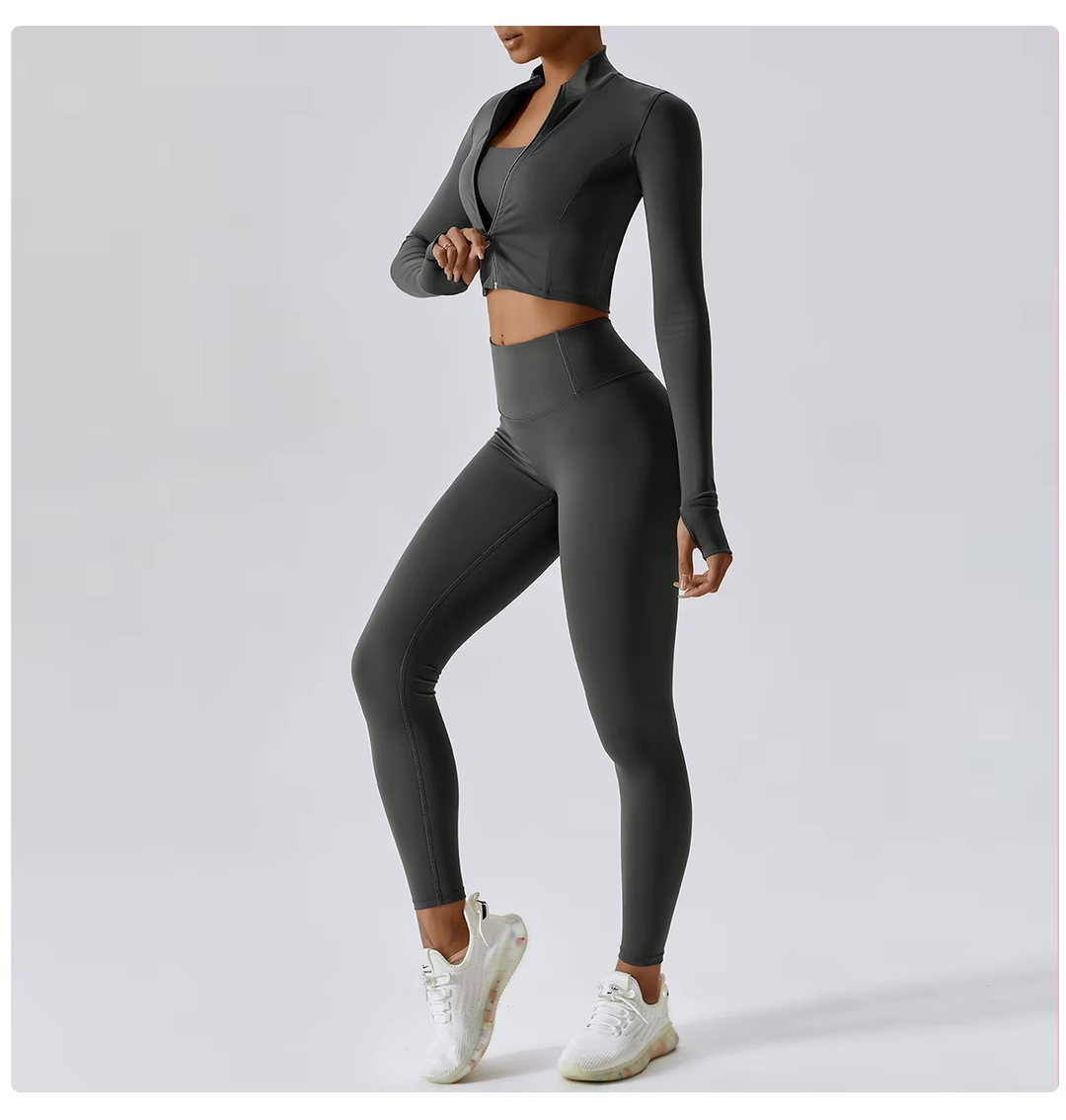 Athlisse – 3-teiliges Damen-Sportset mit Cropped Jacke, BH &amp; High-Waist Leggings