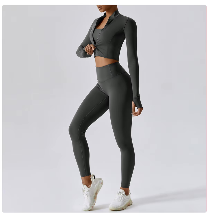 Athlisse – 3-teiliges Damen-Sportset mit Cropped Jacke, BH &amp; High-Waist Leggings