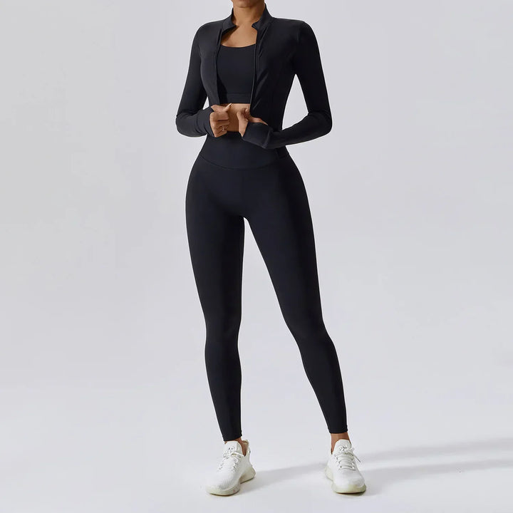 Athlisse – 3-teiliges Damen-Sportset mit Cropped Jacke, BH &amp; High-Waist Leggings