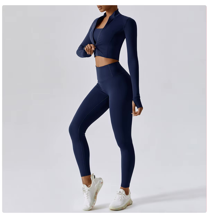 Athlisse – 3-teiliges Damen-Sportset mit Cropped Jacke, BH &amp; High-Waist Leggings