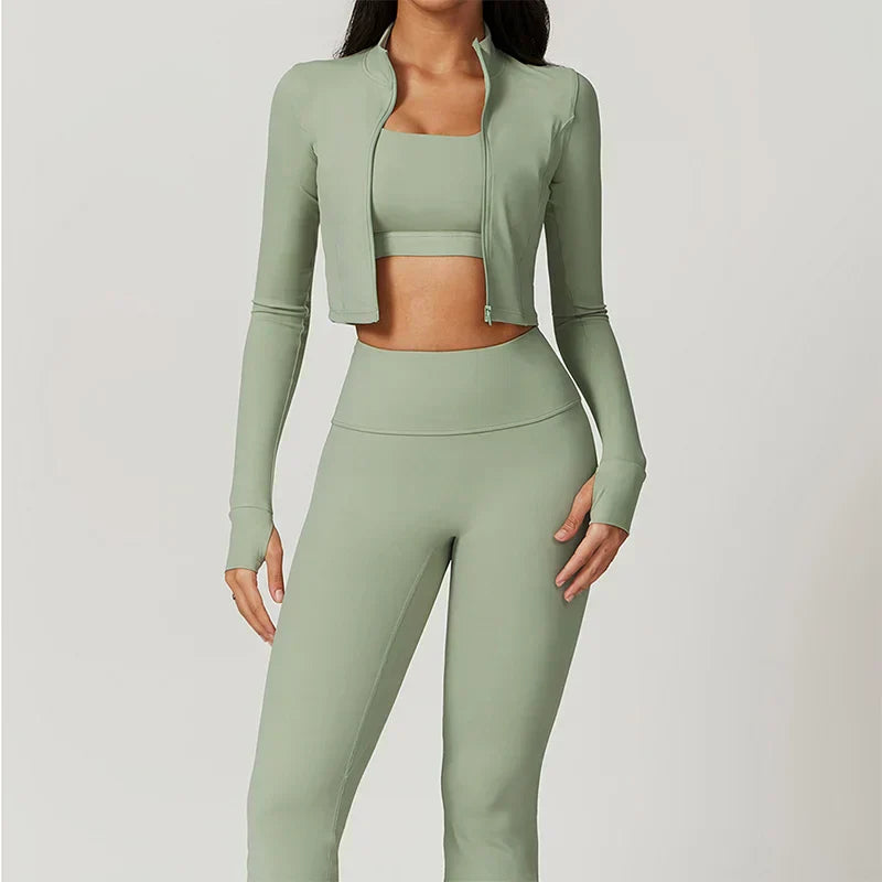 Athlisse – 3-teiliges Damen-Sportset mit Cropped Jacke, BH &amp; High-Waist Leggings