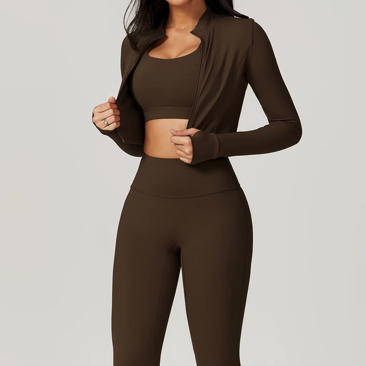 Athlisse – 3-teiliges Damen-Sportset mit Cropped Jacke, BH &amp; High-Waist Leggings