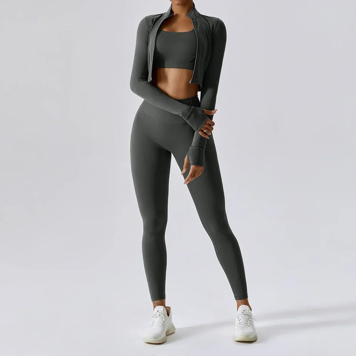 Athlisse – 3-teiliges Damen-Sportset mit Cropped Jacke, BH &amp; High-Waist Leggings
